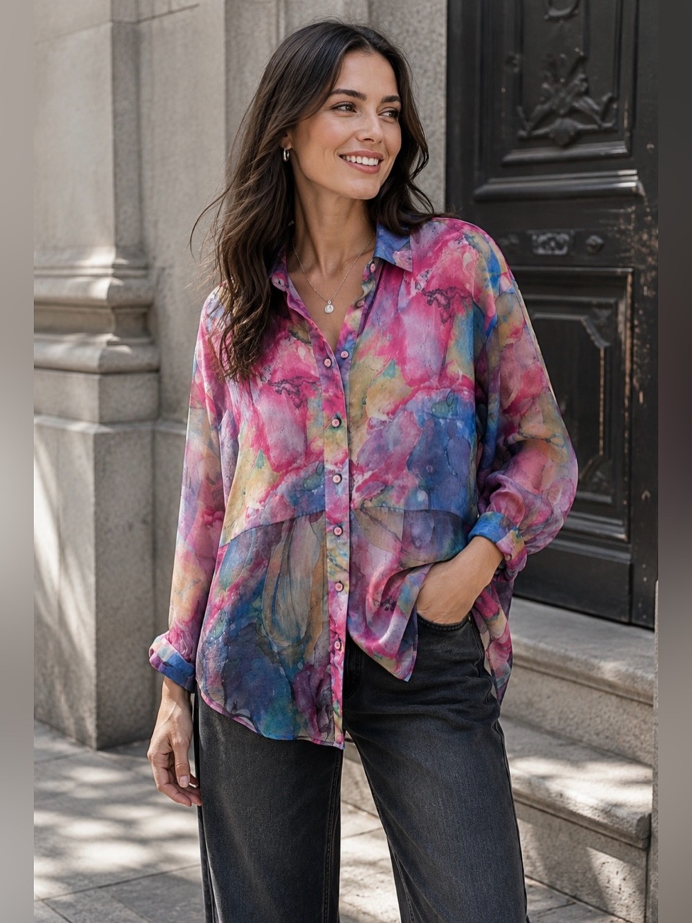 Vintage Forenza Watercolor Swirl Half-sheer Button-down Blouse, Size S